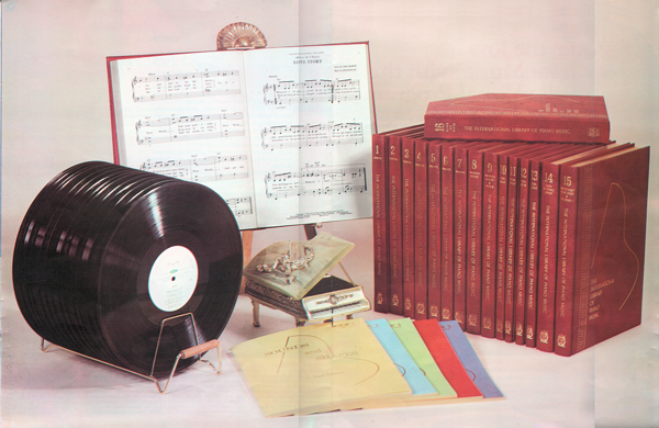 International Library of Piano Music - red-bound volumes and vinyl LP's